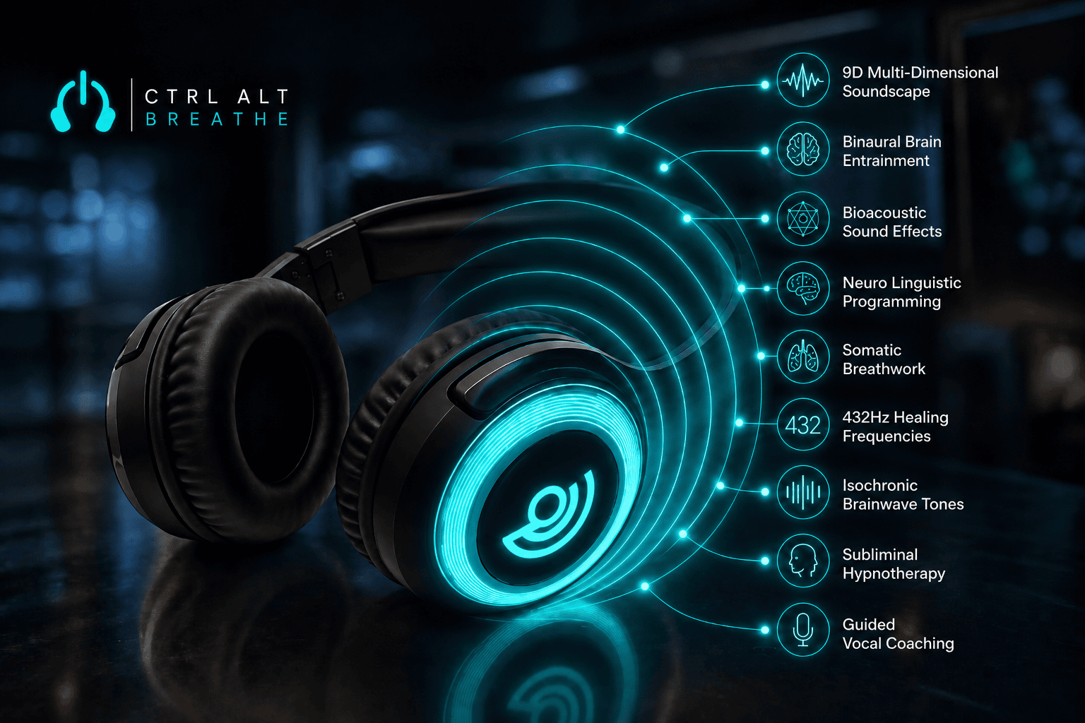 Infographic showing the layered sound and guidance elements used in 9D Breathwork